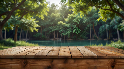 Outdoor background Wooden table in 3d png transparent using for product presentation. Abstract backgrounds. Ai generative