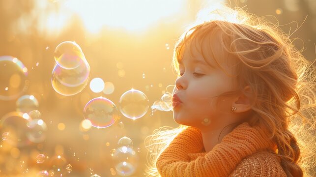 A child blowing bubbles in the backyard, with sunlight creating rainbow reflections in the bubbles.