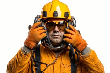 Fototapeta premium Electrician checking wiring for electricity on white background, isolated for safety inspection