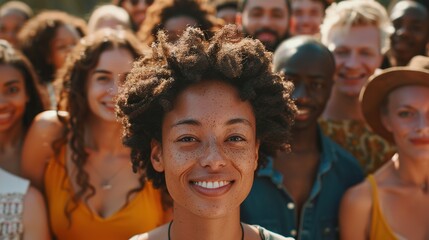 Smiling multiethnic group of diverse people looking at camera in closeup shot. Happy males and females of various ages celebrating diversity with ultra high detail realism in the style of Kodak Ektar.