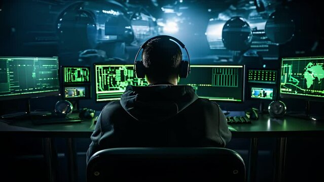 Cybercriminal at a desktop computer engaged in malicious activities. Concept Cybercrime, Computer hacking, Malicious activity, Online security, Technology threats