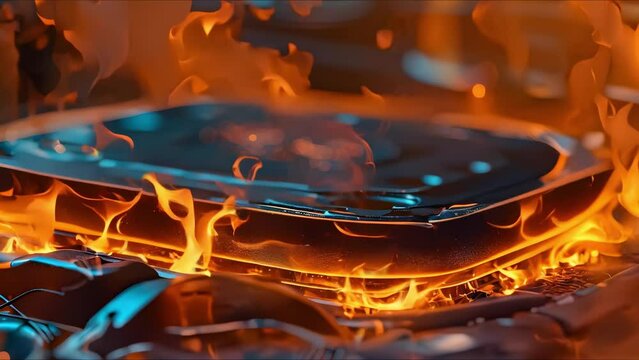 Stock image of an electric car lithium battery fire due to thermal runaway from damage or overcharging. Concept Electric Car, Lithium Battery, Fire, Thermal Runaway, Stock Image