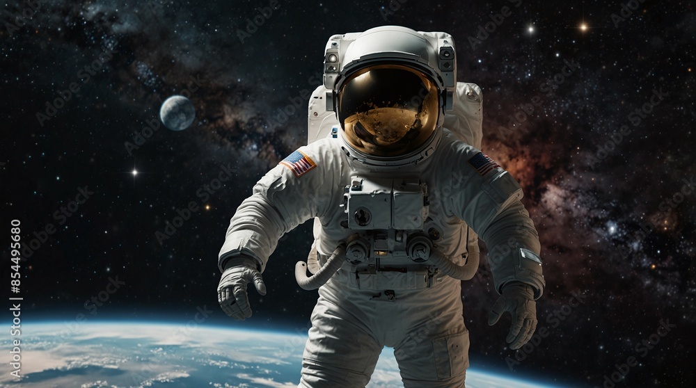 Poster astronaut floating in outer space with earth and stars visible in the background