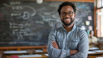 Happy teacher poses confidently with blackboard background in classroom setting. Concept Education, Poses, Classroom, Confidence, Teacher