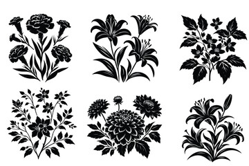 Set of decorative flowers with leaves black silhouette isolated on a white background