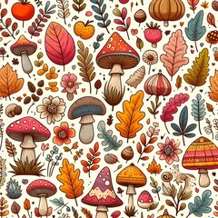 Autumn set including floral seamless pattern, elegant wallpaper, background with different flowers, plants, mushrooms and greeting card, seasonal design