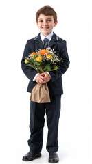 Full-length photo of a schoolboy in formal uniform holding a vibrant bouquet of flowers, isolated on a white background, representing a special occasion or celebration