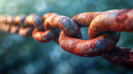 A close-up shot of a rusty metal chain link, showcasing the texture and wear of the metal