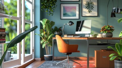 A bright and airy home office with a large window, plants, and a modern desk.