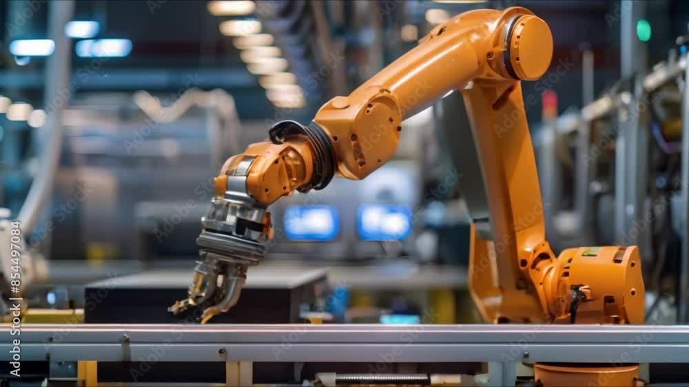 Poster the evolution of automation technology: robotic arm in a modern factory. concept automation technolo