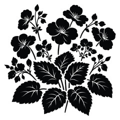 Set of decorative flowers with leaves black silhouette isolated on a white background