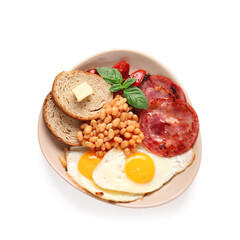 Plate of tasty English breakfast with fried eggs on white background