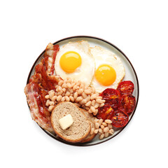 Plate of tasty English breakfast with fried eggs on white background