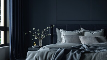 A stylish bedroom interior with a large bed featuring plush gray bedding, pillows, and a navy headboard. The room has a modern aesthetic with a blue wall and sheer curtains.