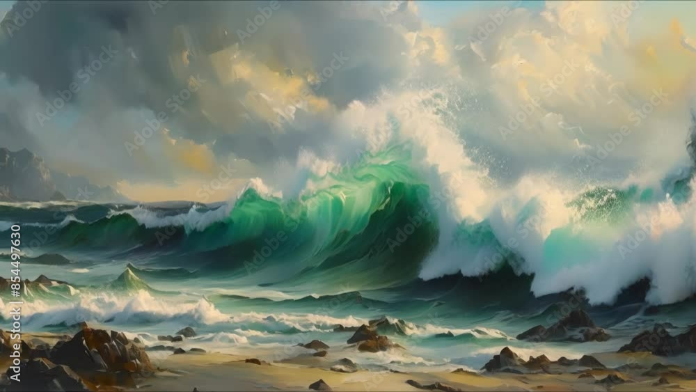 Wall mural Crashing Waves Against Rocks: A Stormy Oil Painting. Concept Seascape Art, Dramatic Waves, Stormy Weather, Oil Painting, Coastal Scene - Wall murals