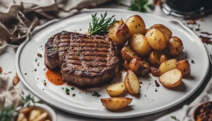 view of aesthetic grilled beef steak and potatoes on plate isolated on white background
