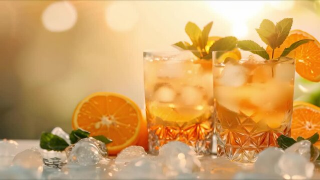 Refreshing cocktails with colorful hues and citrus slices under sunlight. Concept Colorful Cocktails, Citrus Slices, Outdoor Refreshments, Sunny Beverages