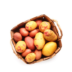 Wicker basket with fresh raw potatoes on white background