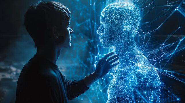 man and holograph AI