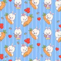 Seamless pattern with rabbit with carrot and balloons, beach bunny boy with tropical cocktail on striped blue background. Cute kawaii animal character. Vector illustration. Kids collection