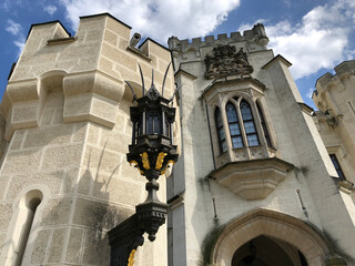 Details of a stone castle turret and lamp © William