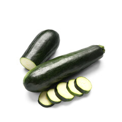 Fresh green zucchini with slices on white background