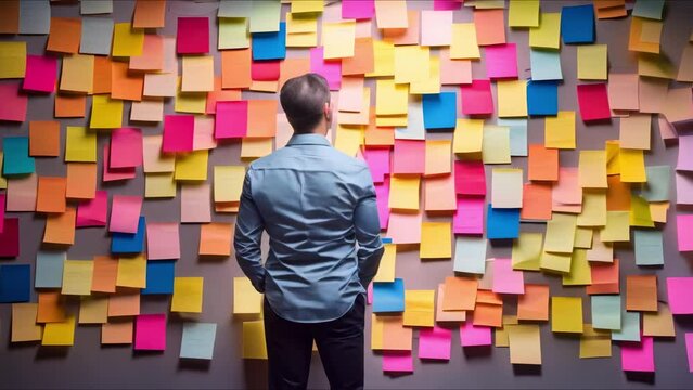 Person pondering wall with colorful sticky notes. Concept Colorful Sticky Notes, Organized Chaos, Mind Mapping, Creative Thinking, Wall of Ideas