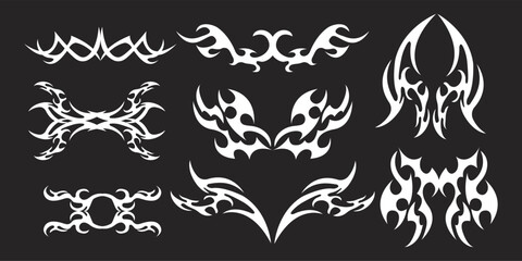 Set Neotribal y2k aesthetic tattoo gothic cover, flame or wings abstract silhouette isolated on background. Divider, border, cyber body ornament, neotribal web goth decoration