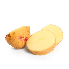 Slices of fresh raw potato on white background