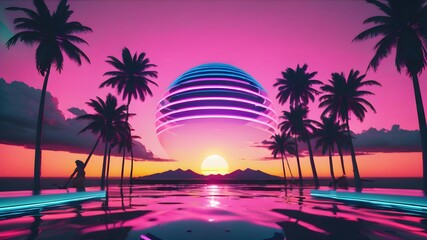 A beautiful tropical scene with a pink sunset and a pyramid in the background. The palm trees are lush and green, and the water is calm and serene