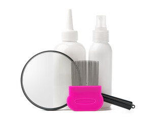 Medicine, lice comb and magnifying glass isolated on white