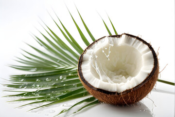 Coconut juice in half fruit with water droplets and leaf isolated on white background.
