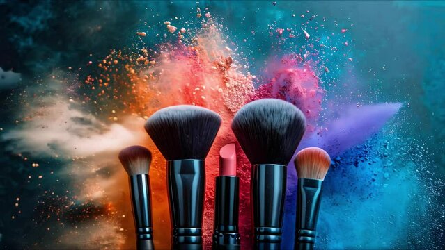Vibrant makeup brushes and powder create a beauty splash effect. Concept Makeup, Brushes, Beauty, Splash Effect, Vibrant