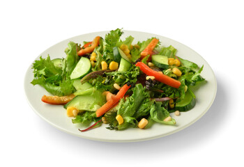 Plate with fresh vegetable salad on white background