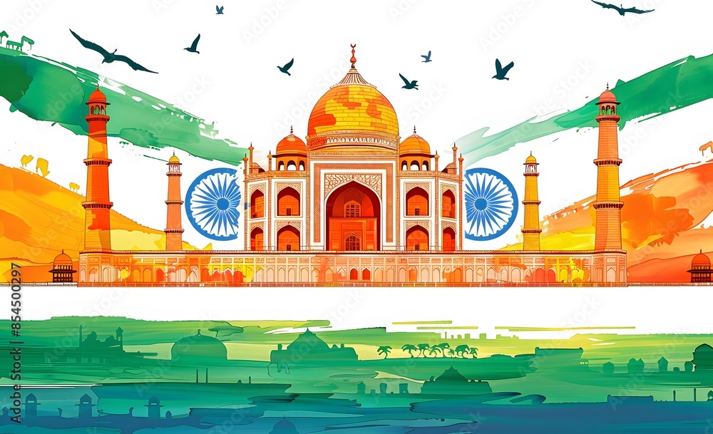 Wall mural vector illustration of the Indian flag with taj mahal, Independence Day - Wall murals