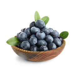 Wooden bowl with fresh blueberries and leaves on white background