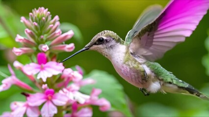 A hummingbird a blur of iridescence feeds gracefully from a delicate blossom capturing the essence of natures delicate and intricate interactions. Concept Nature, Hummingbird, Flowers