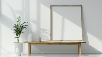 A white wall with a blank canvas in a wooden frame is the focal point of this minimalist interior design.