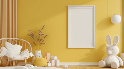 A modern nursery with a yellow wall, a wicker chair, and a white rabbit toy, perfect for a newborn.