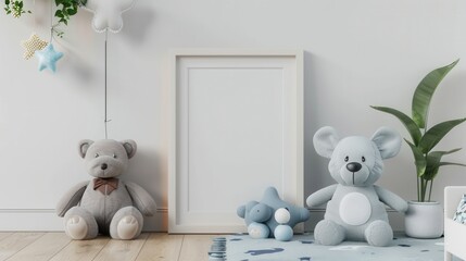 A child's room with a white wall, a white picture frame, a grey teddy bear, a grey mouse plush toy, a star and a cloud decoration.