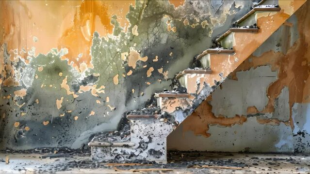 Black mold growing on walls after house flood potential health hazard. Concept Black Mold, Health Hazard, House Flood, Wall Damage, Prevention