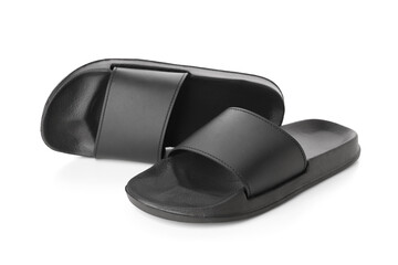 Black female flip flops on white background