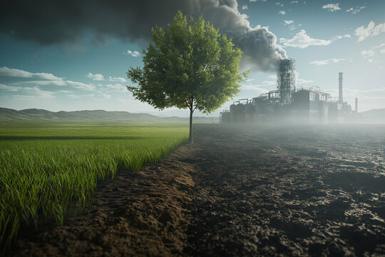 A lush green tree stands between a thriving field and a polluted industrial area, representing the contrast between nature and industrialization. The scene highlights environmental issues and sustaina