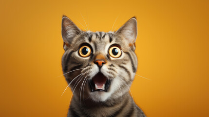 Detailed closeup of a hilariously surprised cat on a clean isolated background.