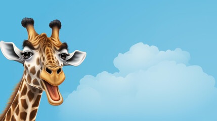Obraz premium Whimsical oil painting style cartoon giraffe character with speech bubble on blue wall. Fun and creative chat design.