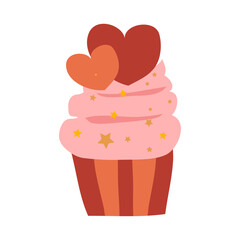 Delicious beautiful cupcake with cream and hearts on white