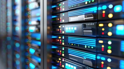 Naklejka premium Stunning row of network servers, illuminated by vibrant LED lights, showcasing modern technology.