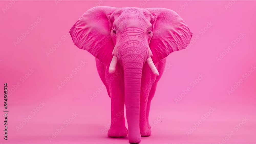 Poster one pink elephant in a colorful monochromatic pink setting with copy space and selective focus. conc