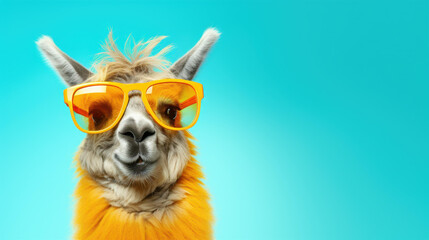 Naklejka premium A stylish llama wearing sunglasses against a pastel background for commercial and editorial use in advertisements.