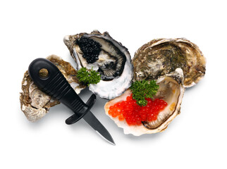 Tasty oysters with black and red caviar on white background